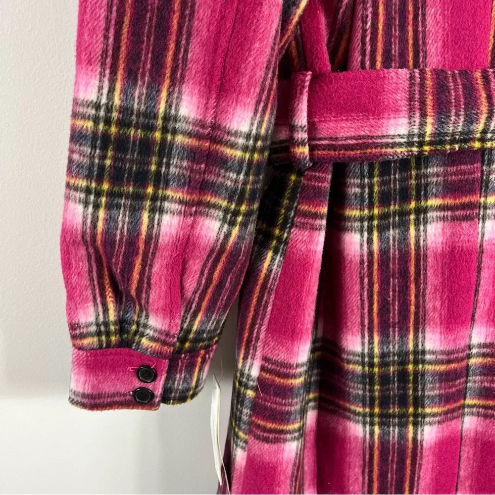 Aqua Plaid Belted Trench Coat Size Medium NWT Pink Multi - Picture 6 of 7